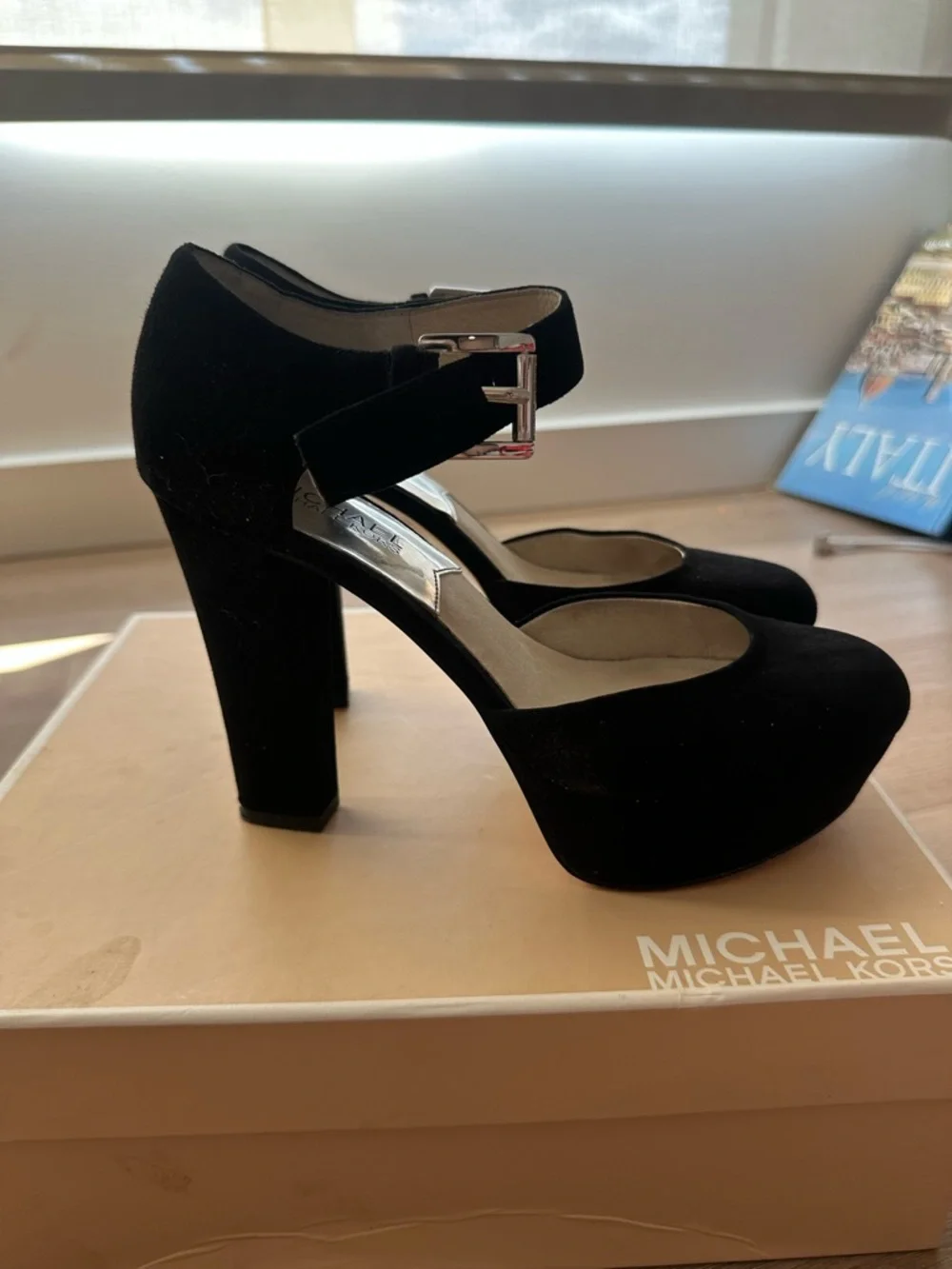 Michael Kors Black Suede Platform Ankle-Strap Heels - Picture 4 of 7